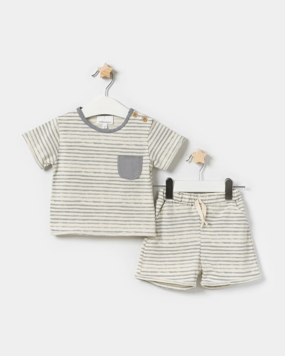 Çizgili Cepli T-shirt Şortlu Erkek Bebek İkili Takım (6/9 Ay-2/3 Yaş)