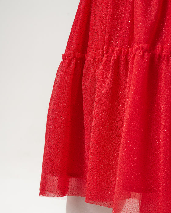 Yeni Yıl Geyik Baskılı Simli Tüllü Kız Çocuk Elbise (4-7 Yaş)