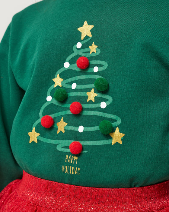 Yeni Yıl Happy Holiday Baskılı Ponponlu Simli Etekli Kız Çocuk İkili Takım (5-8 Yaş)