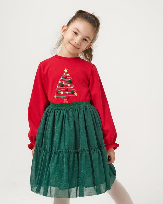 Yeni Yıl Happy Holiday Baskılı Ponponlu Simli Etekli Kız Çocuk İkili Takım (5-8 Yaş)