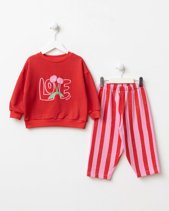 Kız Bebek Alt Üst Takım Çizgili Kabartma Love Baskılı (9-24 Ay)