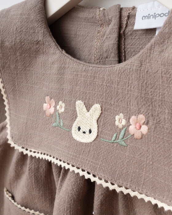 Nakış Detaylı Cepli Bebe Yaka Bayramlık Keten Kız Bebek Elbise ( 6-9 Ay / 2-3 Yaş)