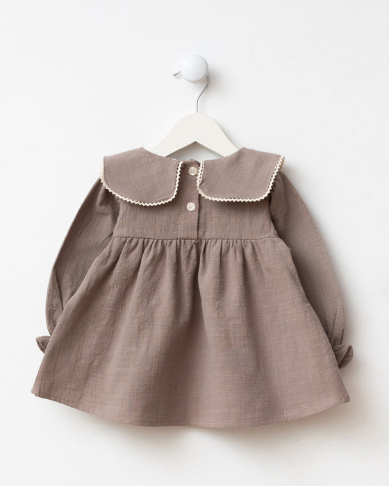 Nakış Detaylı Cepli Bebe Yaka Bayramlık Keten Kız Bebek Elbise ( 6-9 Ay / 2-3 Yaş)