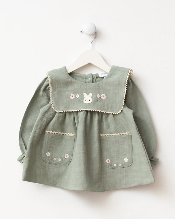 Nakış Detaylı Cepli Bebe Yaka Bayramlık Keten Kız Bebek Elbise ( 6-9 Ay / 2-3 Yaş)