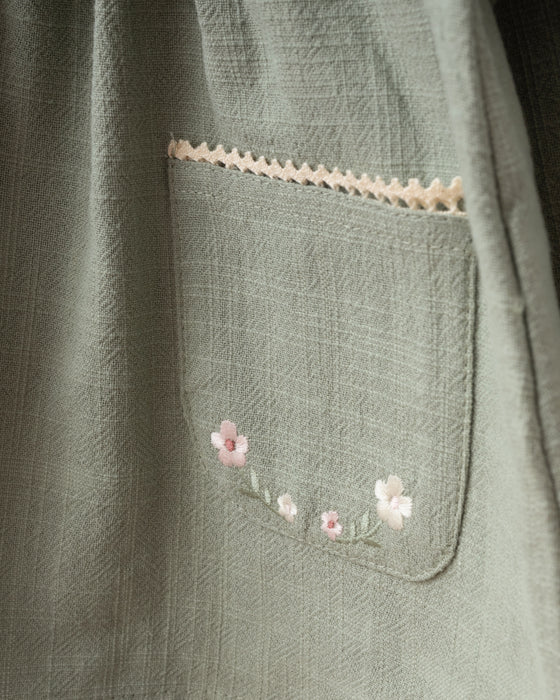 Nakış Detaylı Cepli Bebe Yaka Bayramlık Keten Kız Bebek Elbise ( 6-9 Ay / 2-3 Yaş)