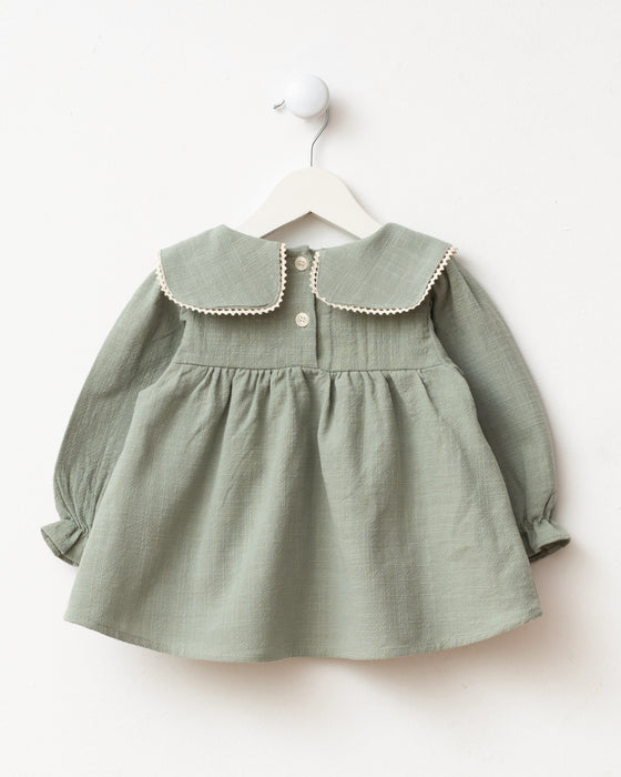 Nakış Detaylı Cepli Bebe Yaka Bayramlık Keten Kız Bebek Elbise ( 6-9 Ay / 2-3 Yaş)