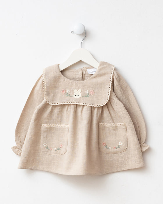 Nakış Detaylı Cepli Bebe Yaka Bayramlık Keten Kız Bebek Elbise ( 6-9 Ay / 2-3 Yaş)
