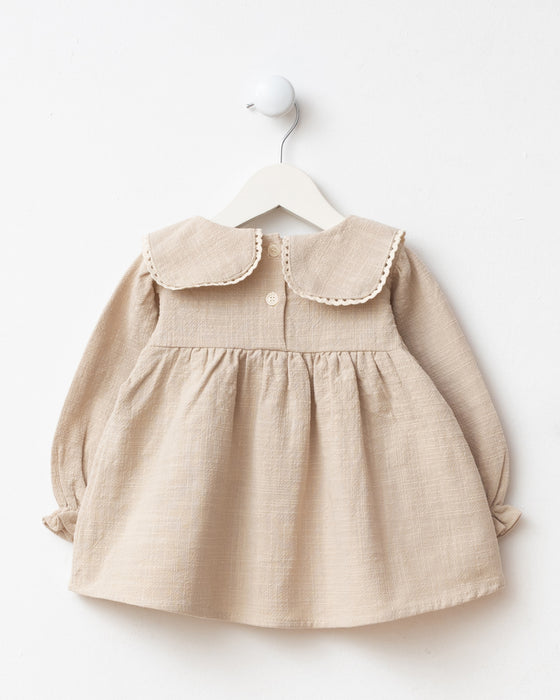 Nakış Detaylı Cepli Bebe Yaka Bayramlık Keten Kız Bebek Elbise ( 6-9 Ay / 2-3 Yaş)