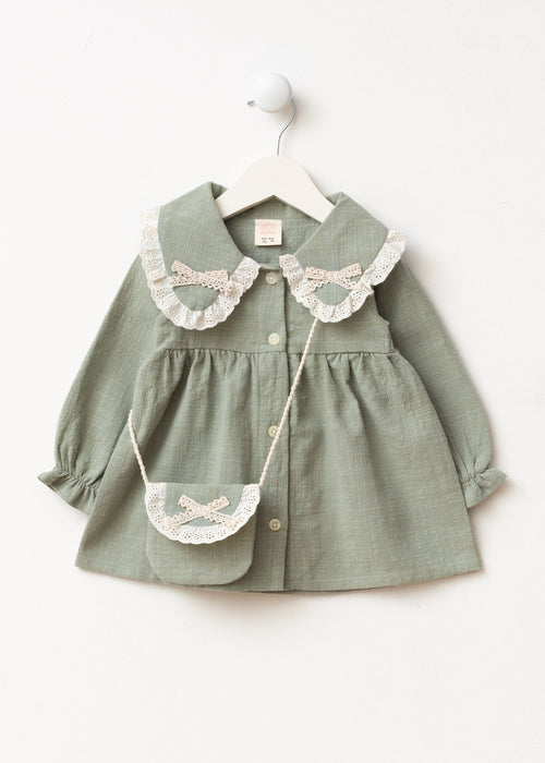 Dantel Detaylı Bebe Yaka Çantalı Bayramlık Keten Kız Bebek Elbise (9 Ay / 3 Yaş)