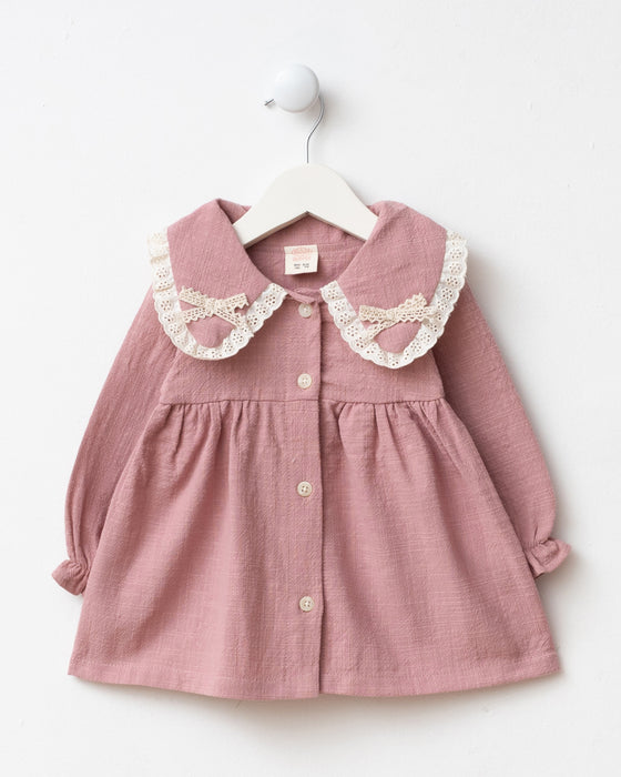 Dantel Detaylı Bebe Yaka Çantalı Bayramlık Keten Kız Bebek Elbise (9 Ay / 3 Yaş)
