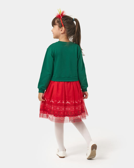 Yeni Yıl Oh Deer Baskılı Geyik Detaylı Taçlı Kız Çocuk Elbise (4-7 Yaş)