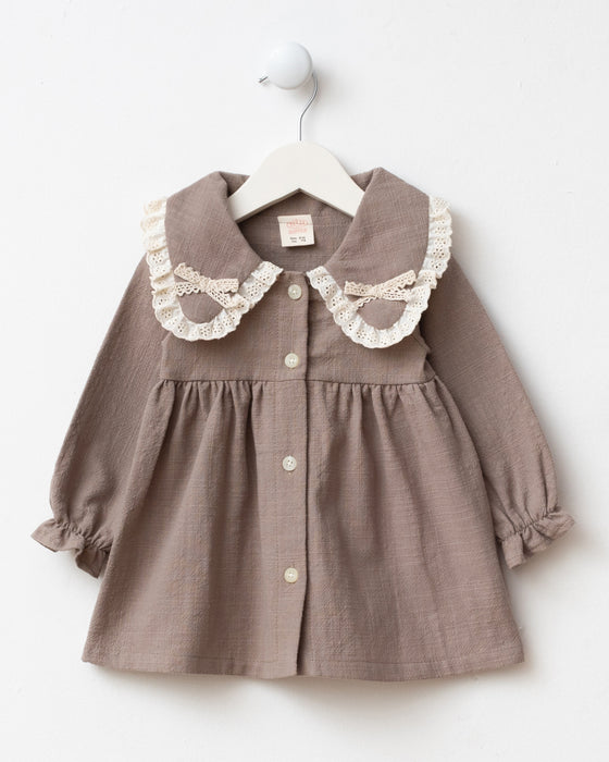 Dantel Detaylı Bebe Yaka Çantalı Bayramlık Keten Kız Bebek Elbise (9 Ay / 3 Yaş)