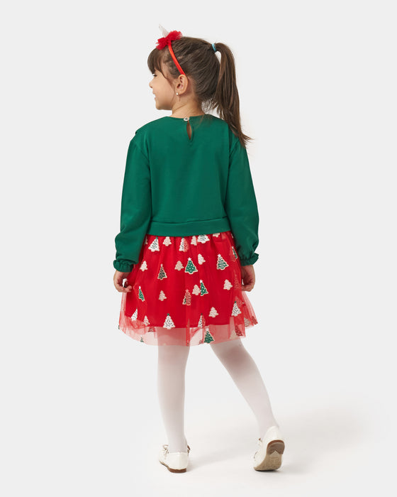 Yeni Yıl Fiyonk Yakalı Baskılı Tüllü Kız Çocuk Elbise (4-7 Yaş)