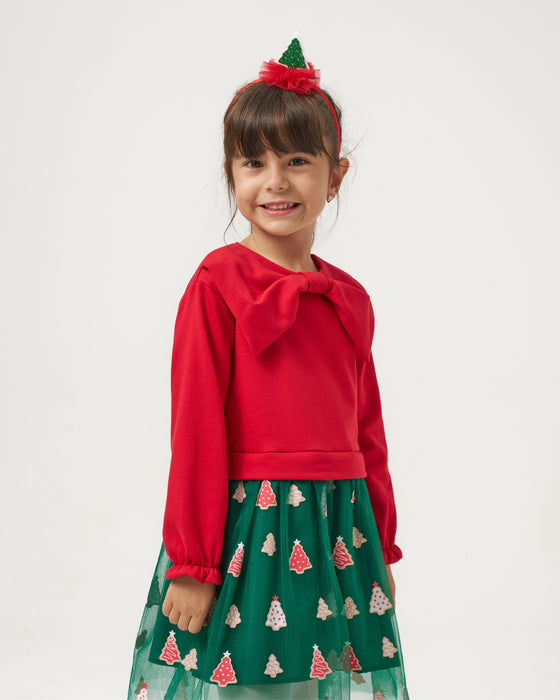 Yeni Yıl Fiyonk Yakalı Baskılı Tüllü Kız Çocuk Elbise (4-7 Yaş)