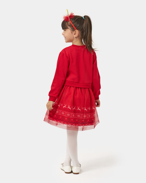 Yeni Yıl Oh Deer Baskılı Geyik Detaylı Taçlı Kız Çocuk Elbise (4-7 Yaş)