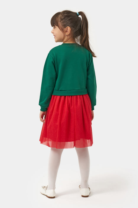 Yeni Yıl Merry Chirstmas Baskılı Tüllü Kız Çocuk Elbise (4-7 Yaş)