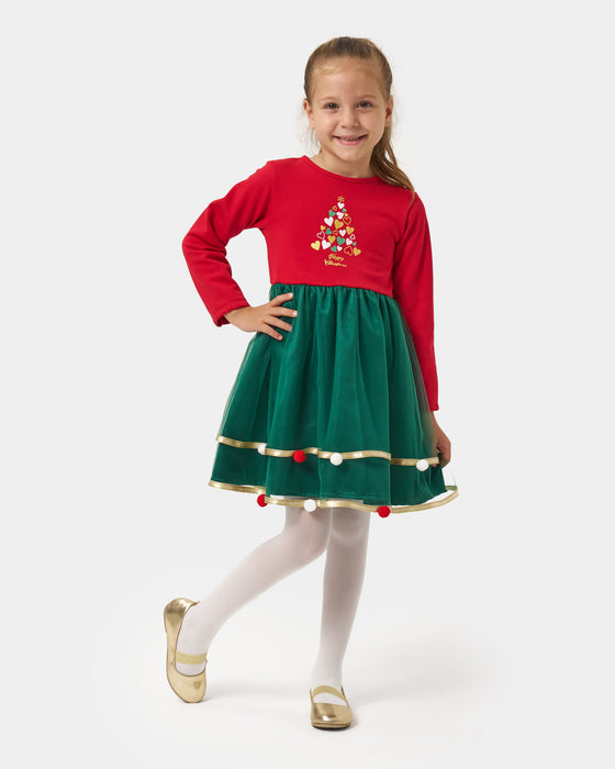 Yeni Yıl Happy Chirstmas Baskılı Saten Detaylı ve Ponponlu Kız Çocuk Elbise (4-7 Yaş)