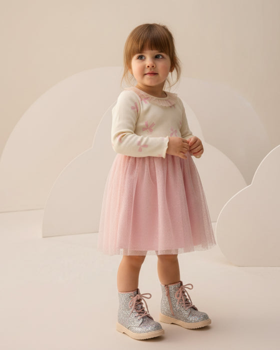 Fiyonk Desenli Yakası Fırfırlı Tüllü Kız Çocuk Elbise (3-6 Yaş)