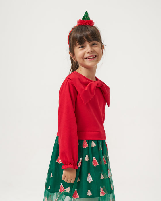 Yeni Yıl Fiyonk Yakalı Baskılı Tüllü Kız Çocuk Elbise (4-7 Yaş)