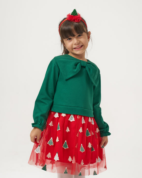 Yeni Yıl Fiyonk Yakalı Baskılı Tüllü Kız Çocuk Elbise (4-7 Yaş)
