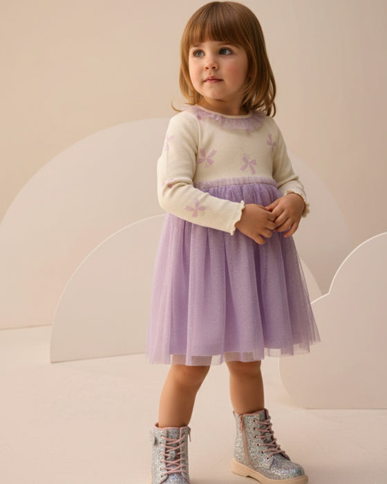 Fiyonk Desenli Yakası Fırfırlı Tüllü Kız Çocuk Elbise (3-6 Yaş)