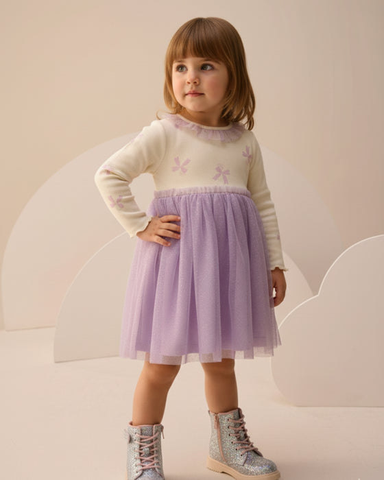 Fiyonk Desenli Yakası Fırfırlı Tüllü Kız Çocuk Elbise (3-6 Yaş)