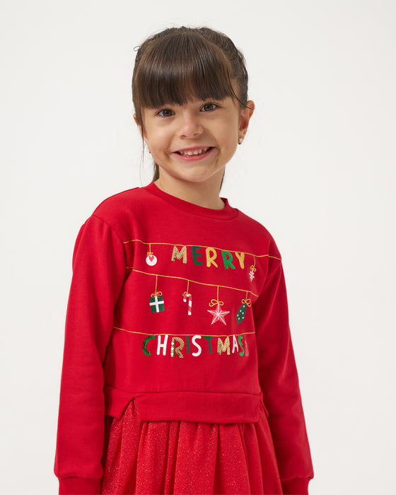 Yeni Yıl Merry Chirstmas Baskılı Tüllü Kız Çocuk Elbise (4-7 Yaş)