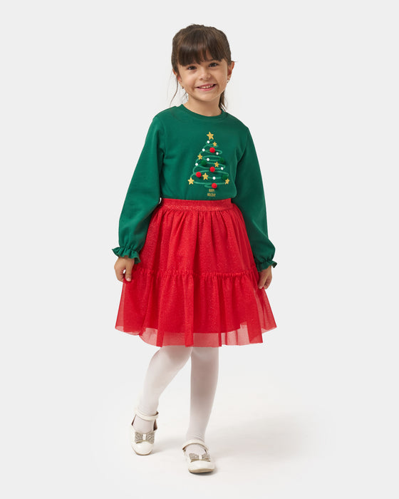 Yeni Yıl Happy Holiday Baskılı Ponponlu Simli Etekli Kız Çocuk İkili Takım (5-8 Yaş)