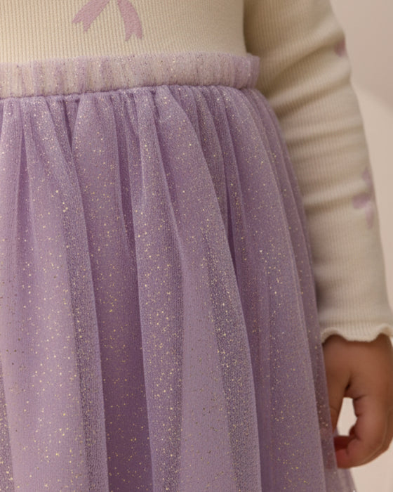 Fiyonk Desenli Yakası Fırfırlı Tüllü Kız Çocuk Elbise (3-6 Yaş)