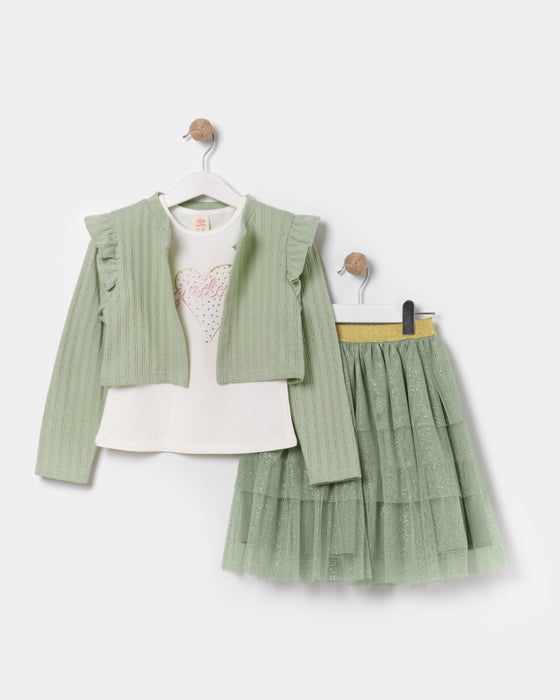 Three Layer Skirt With Cardigan 3 Piece Girl Set ( 4-7 Yrs)