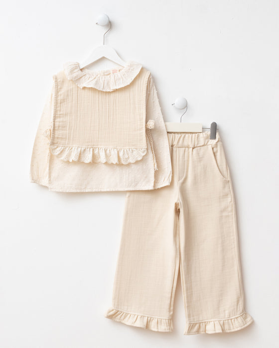 Müslin Yelekli Fırfır Paça Pantolonlu  Bayramlık 3'lü Kız Çocuk Alt Üst Takım (3-6 Yaş)