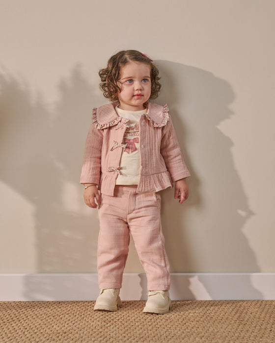 Fiyonk Detaylı Bebe Yaka Müslin 3’lü Bayramlık Kız Bebek Alt Üst Takım (9 Ay - 3 Yaş)