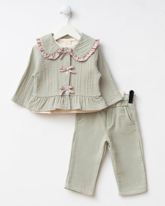 Fiyonk Detaylı Bebe Yaka Müslin 3’lü Bayramlık Kız Bebek Alt Üst Takım (9 Ay - 3 Yaş)