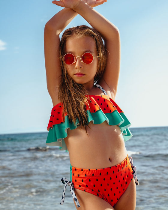 Kız Çocuk Karpuz Desenli Fırfırlı Bikini Takımı 7'li Seri (5-6 / 11-12 Yaş)
