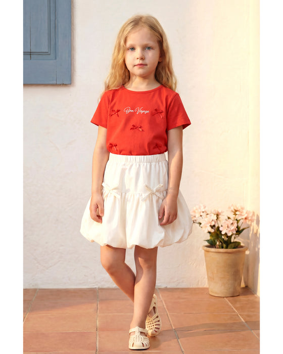 Kız Çocuk Fiyonk Detaylı Tişört Balon Etekli Takım (3-7 Yaş)
