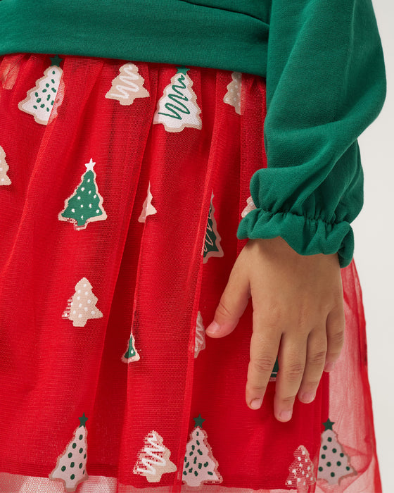 Yeni Yıl Fiyonk Yakalı Baskılı Tüllü Kız Çocuk Elbise (4-7 Yaş)