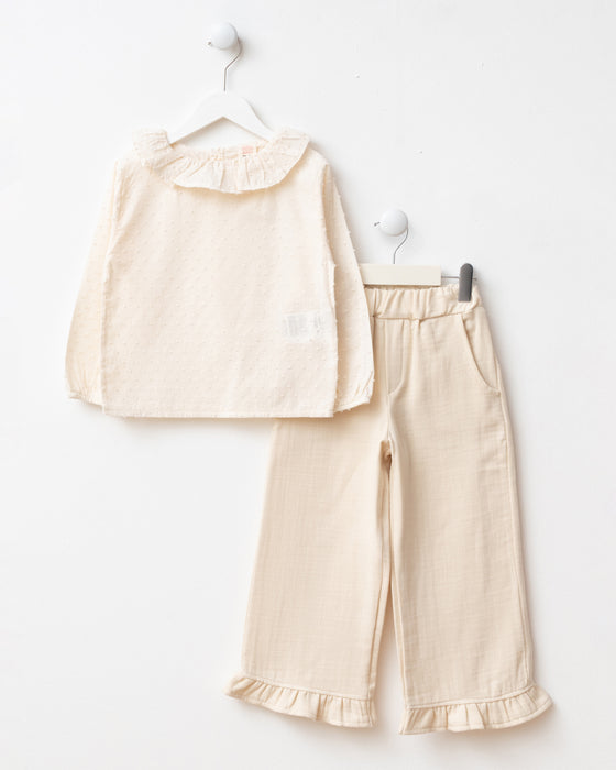 Müslin Yelekli Fırfır Paça Pantolonlu  Bayramlık 3'lü Kız Çocuk Alt Üst Takım (3-6 Yaş)