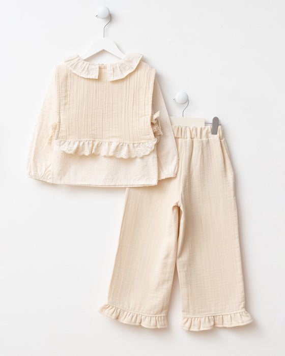 Müslin Yelekli Fırfır Paça Pantolonlu  Bayramlık 3'lü Kız Çocuk Alt Üst Takım (3-6 Yaş)