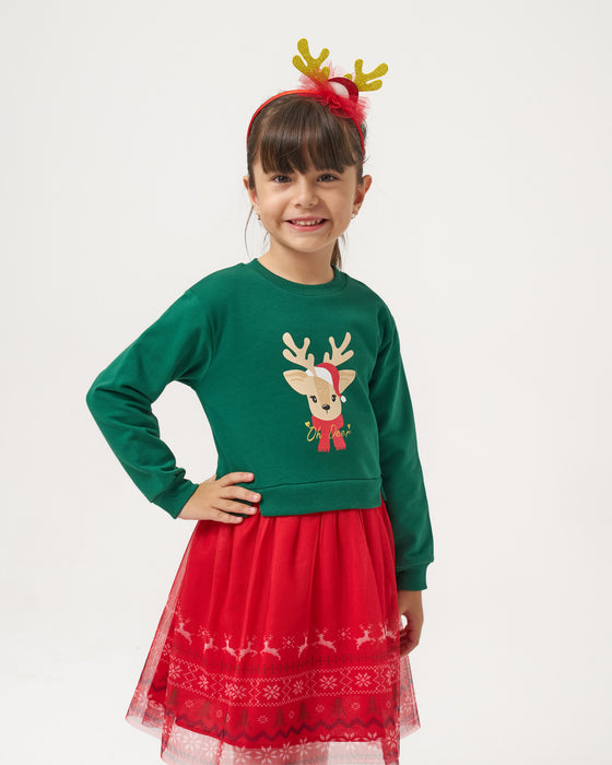 Yeni Yıl Oh Deer Baskılı Geyik Detaylı Taçlı Kız Çocuk Elbise (4-7 Yaş)