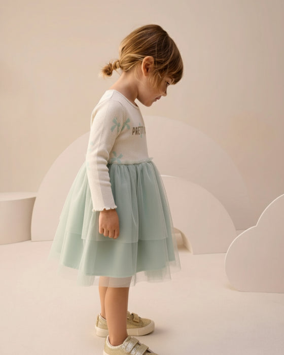 Fiyonklu Simli Baskı Tüllü Kız Çocuk Elbise (3-6 Yaş)