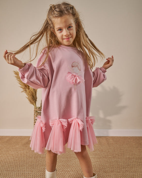 Kız Çocuk Tül Detaylı Baskılı Elbise (3-6 Yaş)