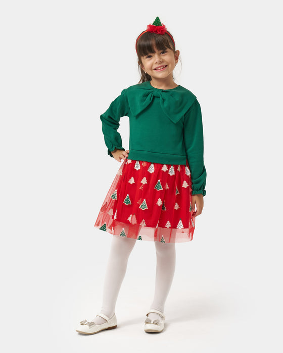 Yeni Yıl Fiyonk Yakalı Baskılı Tüllü Kız Çocuk Elbise (4-7 Yaş)