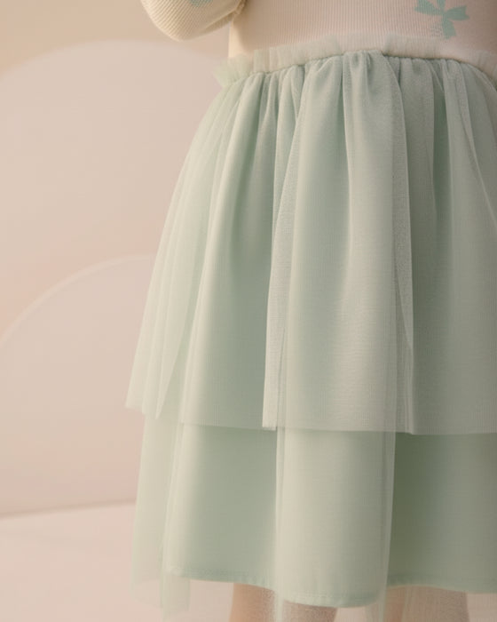 Fiyonklu Simli Baskı Tüllü Kız Çocuk Elbise (3-6 Yaş)