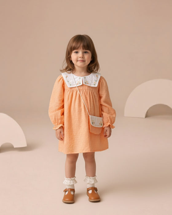 Kız Bebek Nakışlı Bebe Yaka Müslin Çantalı Elbise (6/9-2-3 Yaş)