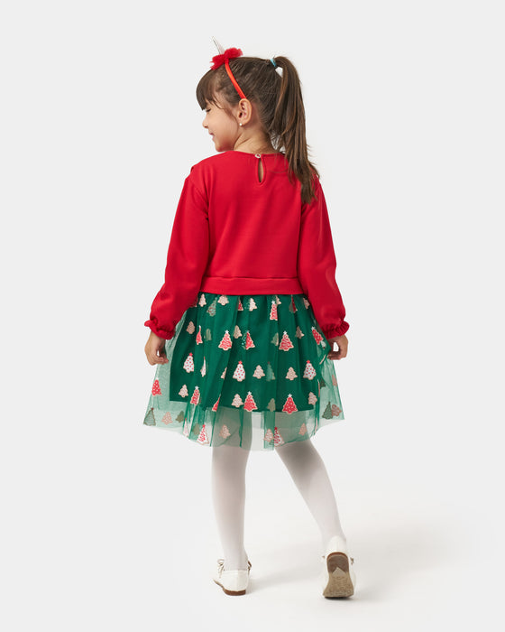 Yeni Yıl Fiyonk Yakalı Baskılı Tüllü Kız Çocuk Elbise (4-7 Yaş)