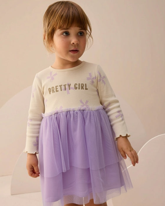 Fiyonklu Simli Baskı Tüllü Kız Çocuk Elbise (3-6 Yaş)