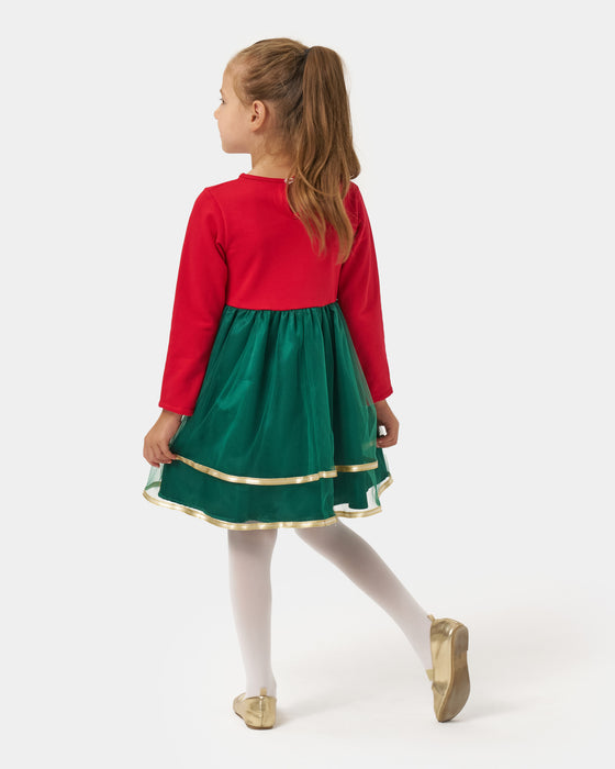 Yeni Yıl Happy Chirstmas Baskılı Saten Detaylı ve Ponponlu Kız Çocuk Elbise (4-7 Yaş)