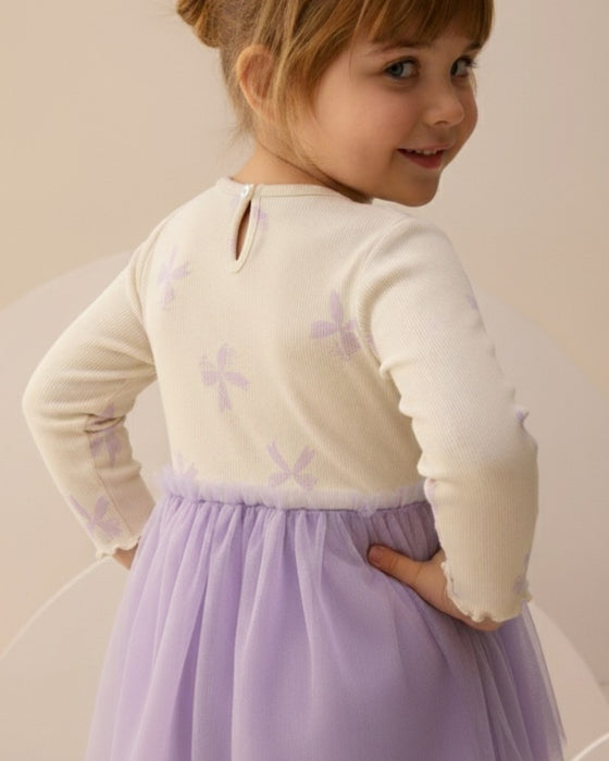 Fiyonklu Simli Baskı Tüllü Kız Çocuk Elbise (3-6 Yaş)