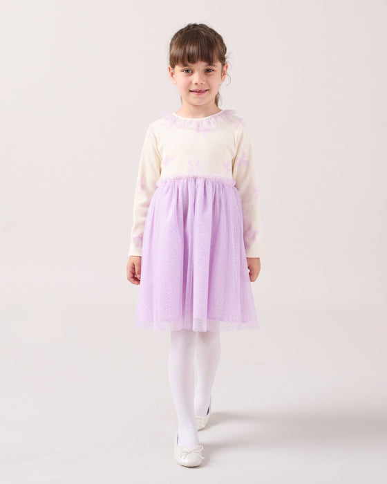 Fiyonk Desenli Yakası Fırfırlı Tüllü Kız Çocuk Elbise (3-6 Yaş)
