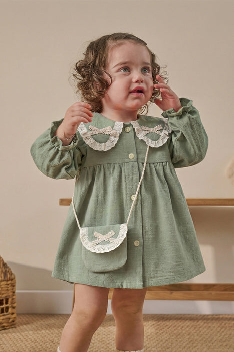 Dantel Detaylı Bebe Yaka Çantalı Bayramlık Keten Kız Bebek Elbise (9 Ay / 3 Yaş)